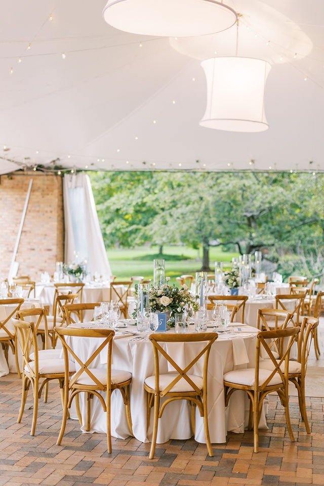 Outdoor reception space with long tables at one of the best wedding venues in Chicago